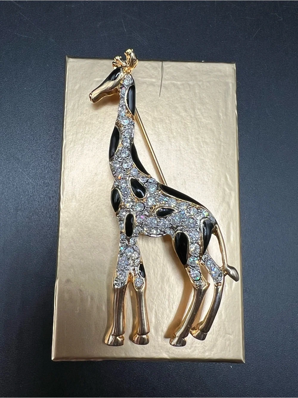 Rhinestone Giraffe Brooch Gold Tone Black Enamel Animal Pin Statement